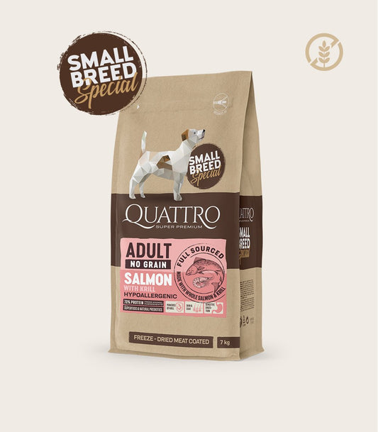 Quattro Small breed Adult sausas begrūdis hipoalerginis maistas su lašiša ir kriliu